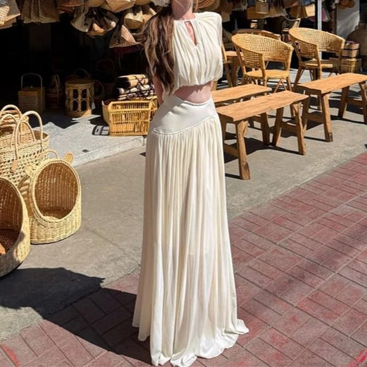 Flared-Sleeve Ruched Cropped Blouse / Low Rise Maxi Skirt - Altfashion Shop