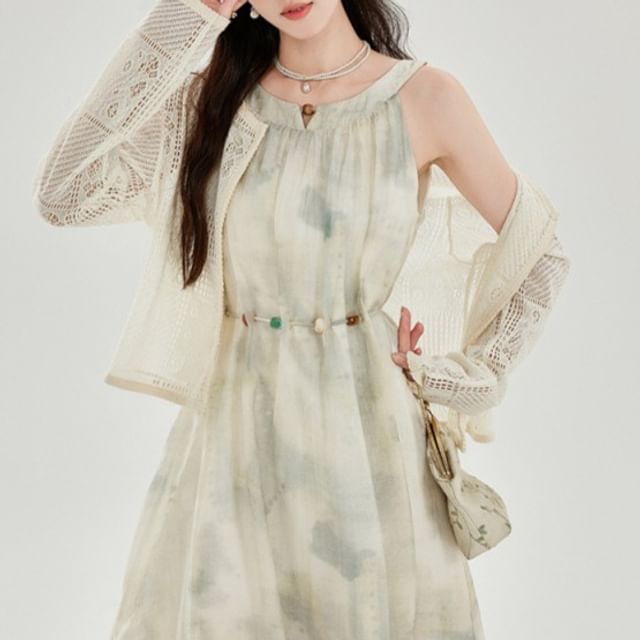 Perforated Crop Cardigan / Sleeveless Tie Dye Midi A-Line Dress / Set