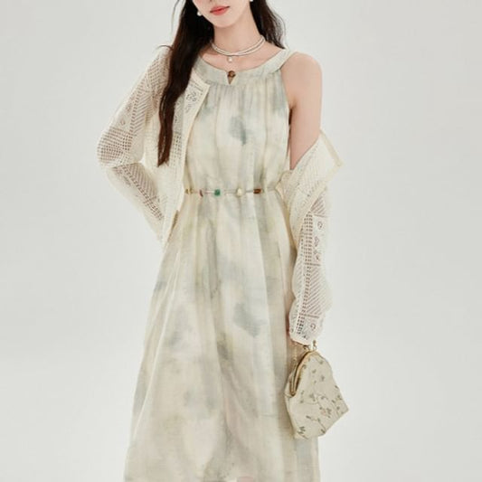 Perforated Crop Cardigan / Sleeveless Tie Dye Midi A-Line Dress / Set