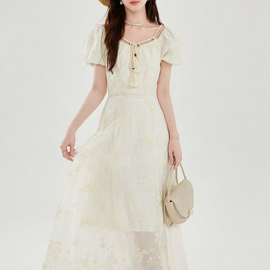 Short-Sleeve V-Neck Tasseled Plain Maxi A-Line Dress