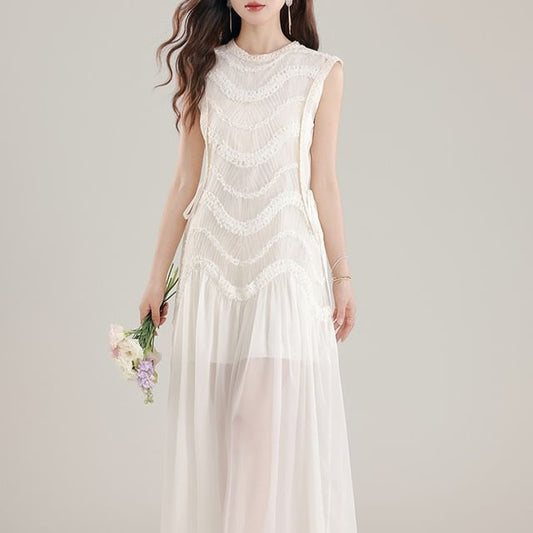 Sleeveless Crewneck Plain Maxi A-Line Dress