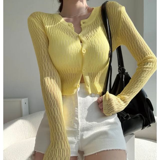 Plain Pointelle Knit Cropped Cardigan