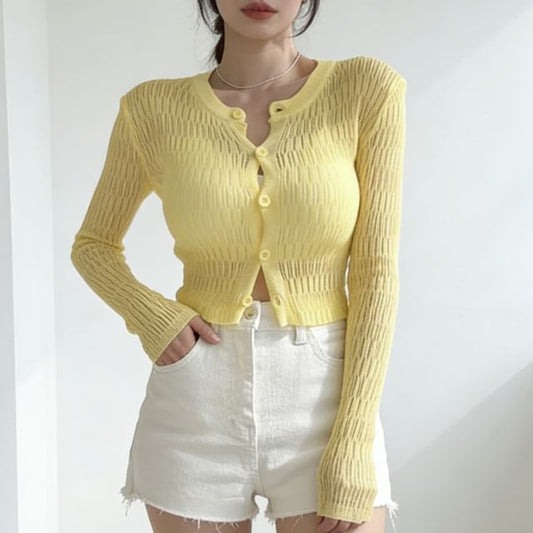 Plain Pointelle Knit Cropped Cardigan