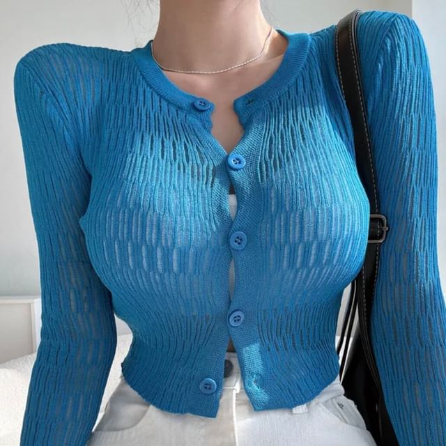 Plain Pointelle Knit Cropped Cardigan