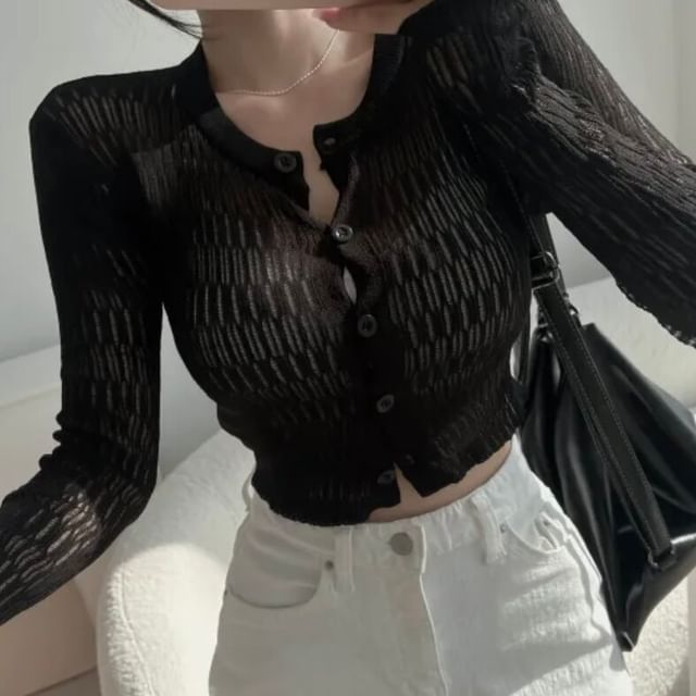 Plain Pointelle Knit Cropped Cardigan