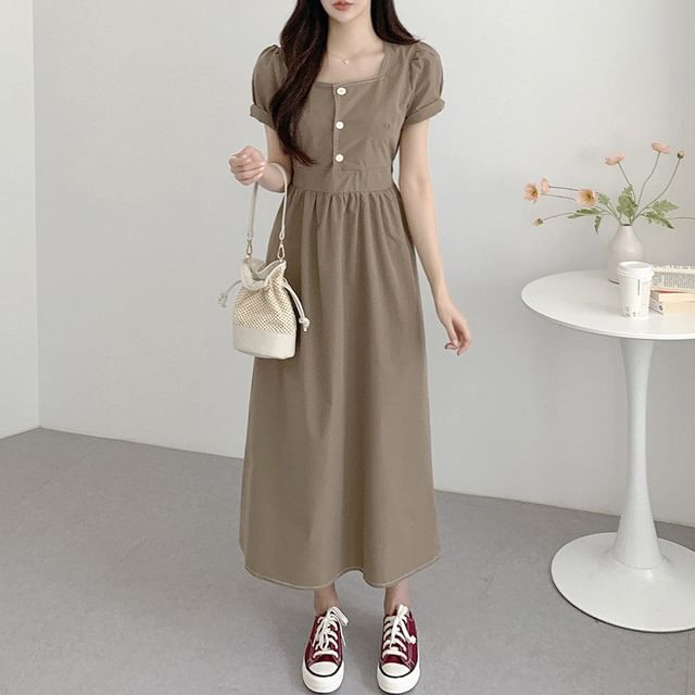 Short-Sleeve Square Neck Plain Contrast Stitching Maxi A-Line Dress