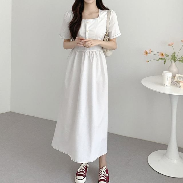 Short-Sleeve Square Neck Plain Contrast Stitching Maxi A-Line Dress