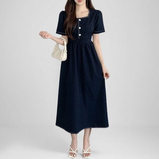 Short-Sleeve Square Neck Plain Contrast Stitching Maxi A-Line Dress