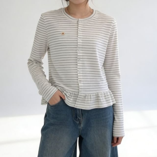Crewneck Striped Ruffle Cardigan