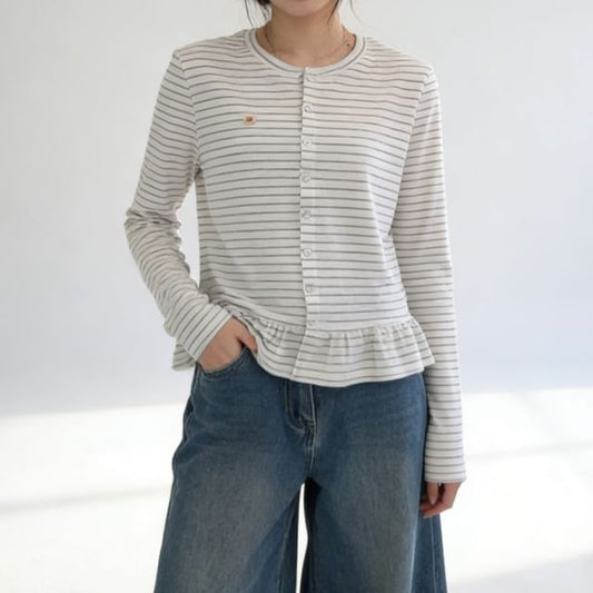 Crewneck Striped Ruffle Cardigan