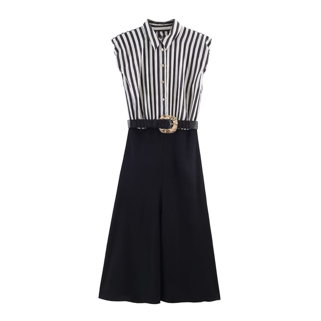 Set: Sleeveless Collared Striped Panel Button Maxi A-Line Dress + Belt