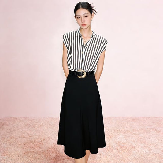 Set: Sleeveless Collared Striped Panel Button Maxi A-Line Dress + Belt