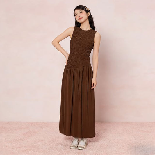 Sleeveless Round Neck Plain Shirred Panel Maxi A-Line Dress