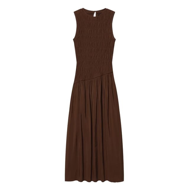 Sleeveless Round Neck Plain Shirred Panel Maxi A-Line Dress
