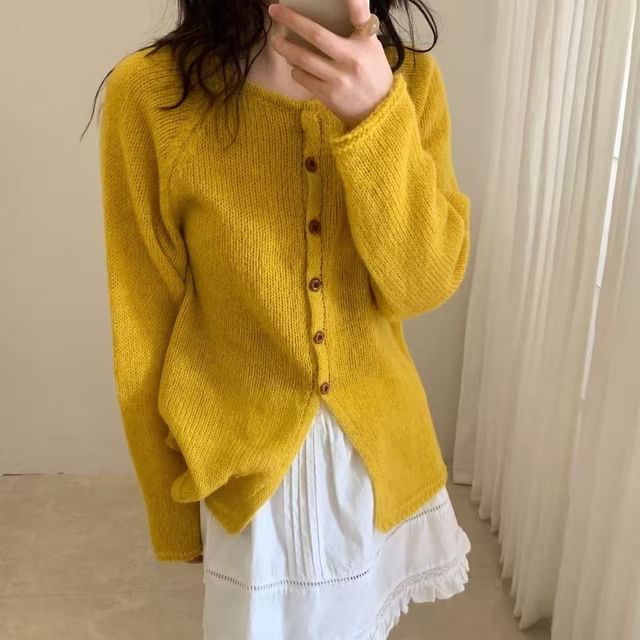 Crew Neck Button-Up Plain Slit Cardigan