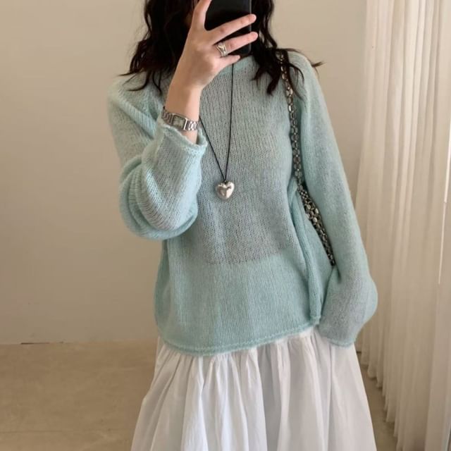 Crew Neck Button-Up Plain Slit Cardigan