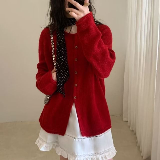 Crew Neck Button-Up Plain Slit Cardigan