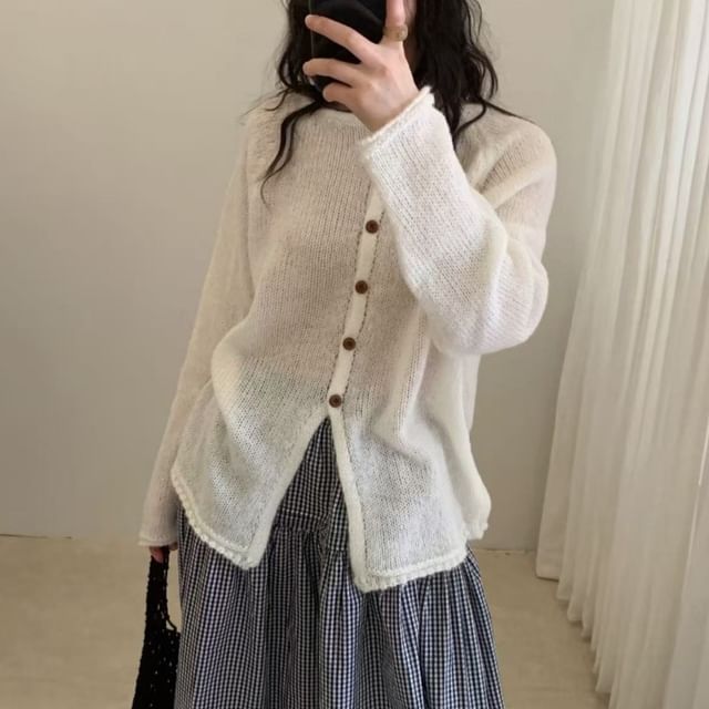 Crew Neck Button-Up Plain Slit Cardigan