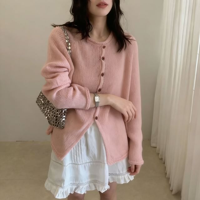 Crew Neck Button-Up Plain Slit Cardigan