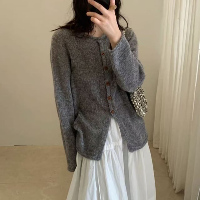 Crew Neck Button-Up Plain Slit Cardigan