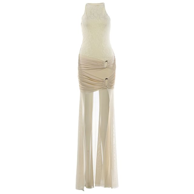 Halter Ruched Asymmetrical Lace Maxi Sheath Dress