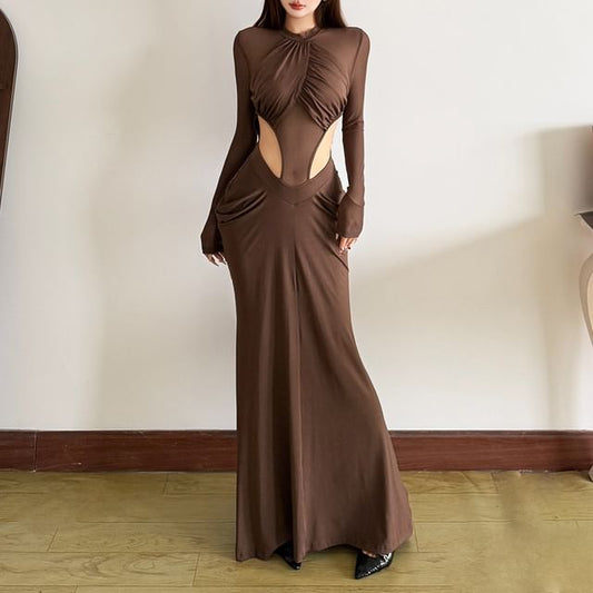 Long-Sleeve Mock Neck Plain Mesh Panel Cutout Maxi Sheath Dress