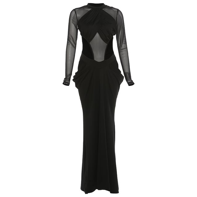 Long-Sleeve Mock Neck Plain Mesh Panel Cutout Maxi Sheath Dress