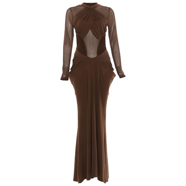 Long-Sleeve Mock Neck Plain Mesh Panel Cutout Maxi Sheath Dress