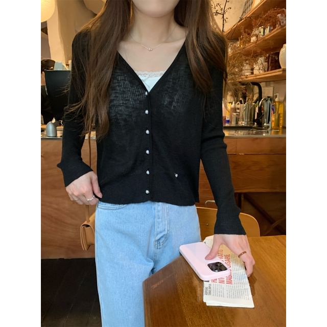 V-Neck Button-Up Plain Sheer Crop Cardigan