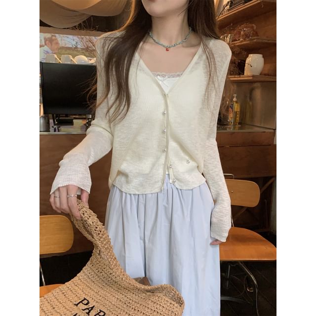 V-Neck Button-Up Plain Sheer Crop Cardigan