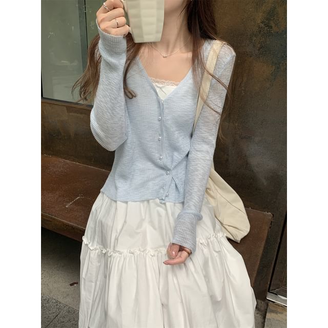 V-Neck Button-Up Plain Sheer Crop Cardigan