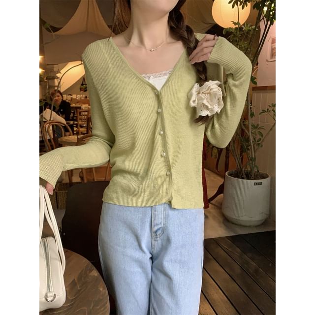 V-Neck Button-Up Plain Sheer Crop Cardigan