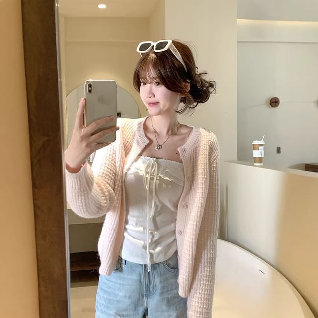 Crew Neck Button-Up Plain Cardigan