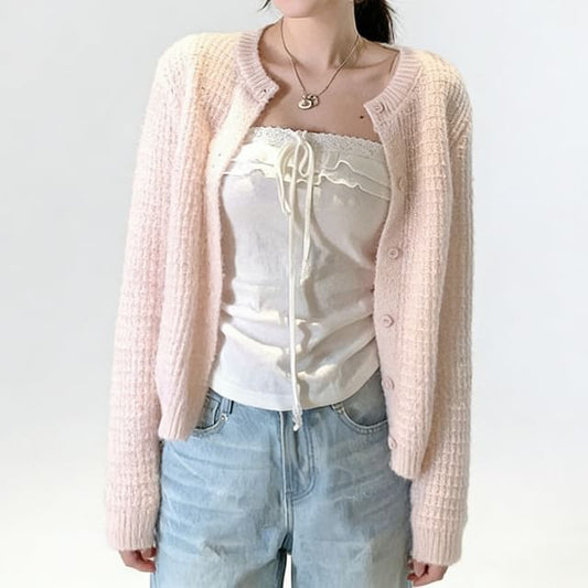 Crew Neck Button-Up Plain Cardigan