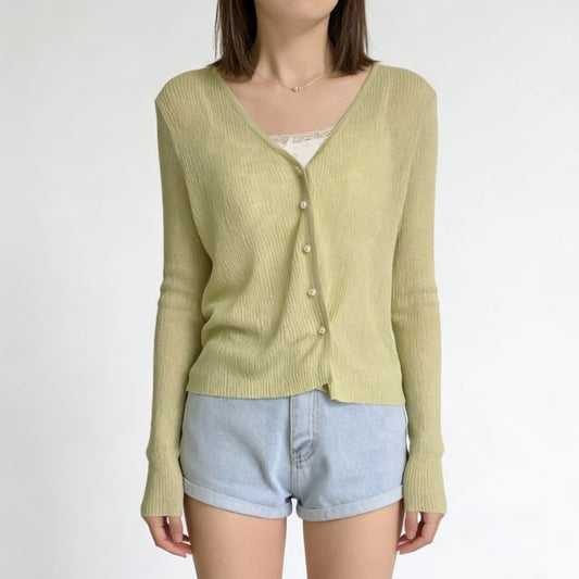 V-Neck Button-Up Plain Sheer Crop Cardigan