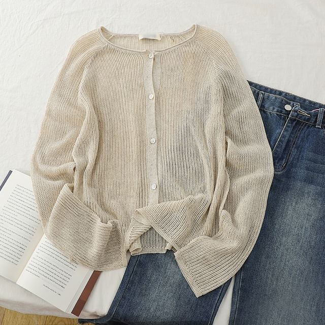Crew Neck Button-Up Plain Sheer Cardigan