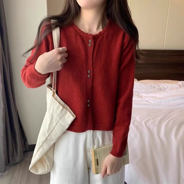 Crew Neck Button-Up Plain Crop Cardigan