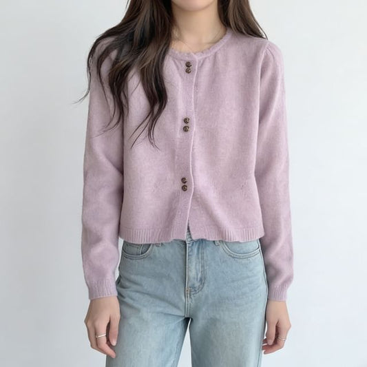 Crew Neck Button-Up Plain Crop Cardigan