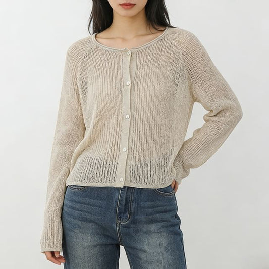Crew Neck Button-Up Plain Sheer Cardigan