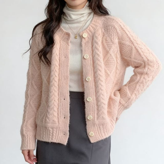 Crew Neck Button-Up Plain Cable Knit Cardigan