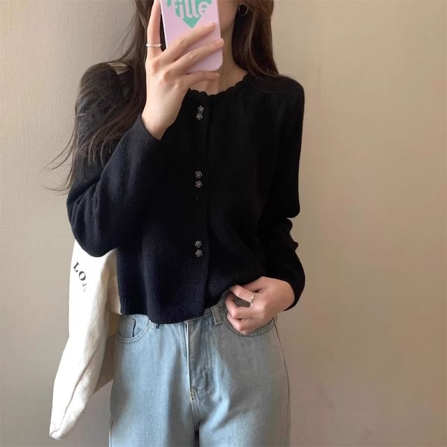 Crew Neck Button-Up Plain Crop Cardigan