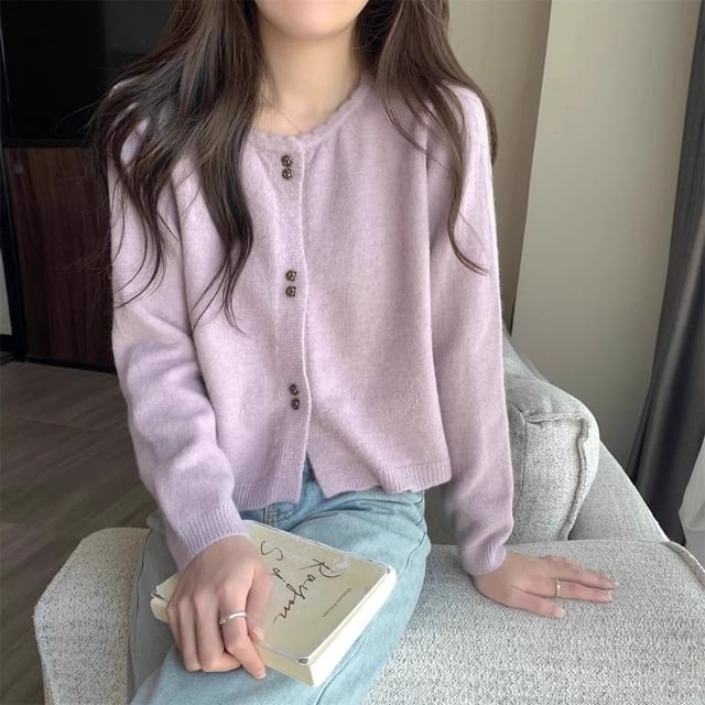 Crew Neck Button-Up Plain Crop Cardigan