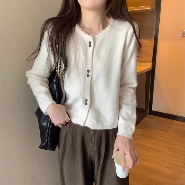 Crew Neck Button-Up Plain Crop Cardigan