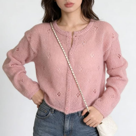 Crew Neck Perforated Button-Up Plain Crop Cardigan