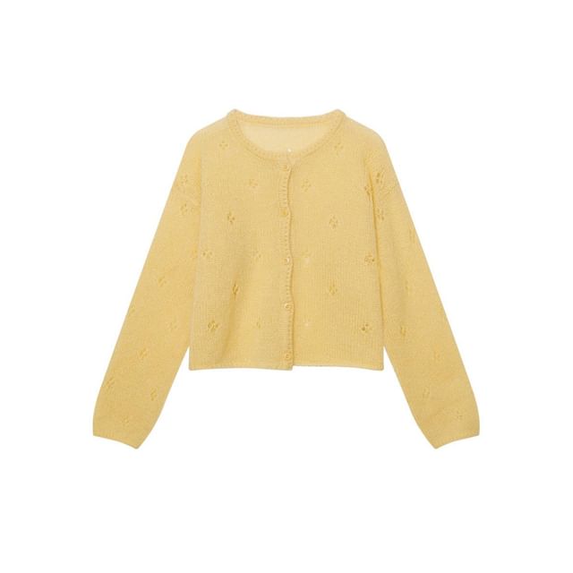 Crew Neck Perforated Button-Up Plain Crop Cardigan