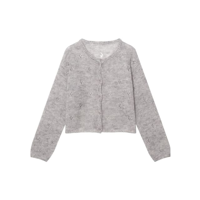 Crew Neck Perforated Button-Up Plain Crop Cardigan