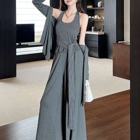 Set: Halter Neck Striped Tie Waist Crop Top + Plain Open Front Cardigan + High Waist Wide Leg Pants