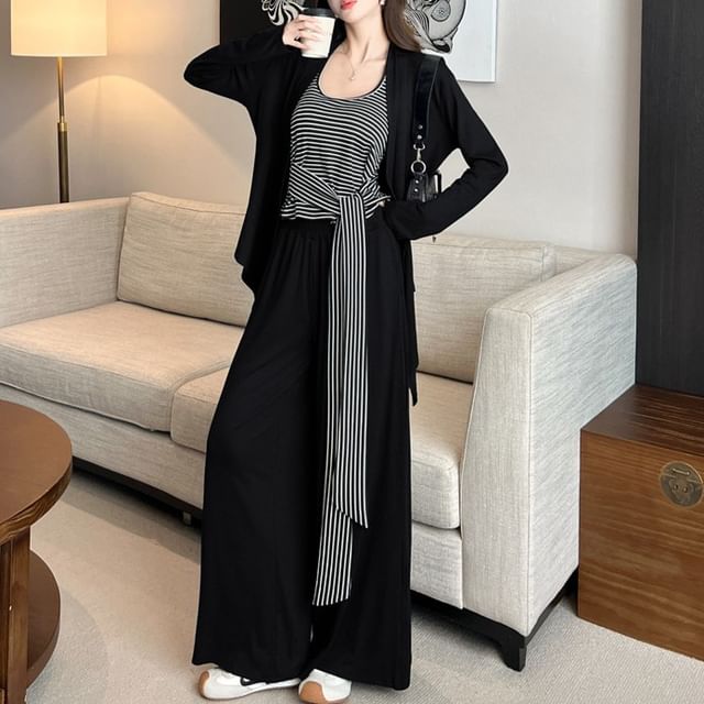 Set: Halter Neck Striped Tie Waist Crop Top + Plain Open Front Cardigan + High Waist Wide Leg Pants