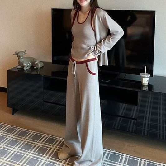 Set: Scoop Neck Contrast Trim Knit Tank Top + Drawstring Waist Wide Leg Pants + V-Neck Button-Up Cardigan