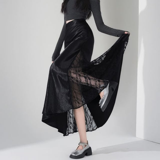Satin Panel Lace Maxi A-Line Skirt - Altfashion Shop